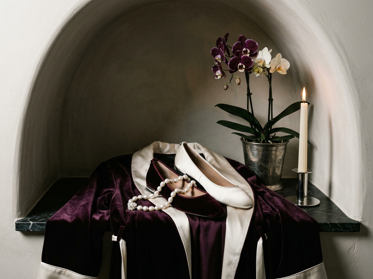Bordeaux velvet and black silk swatches on honed marble