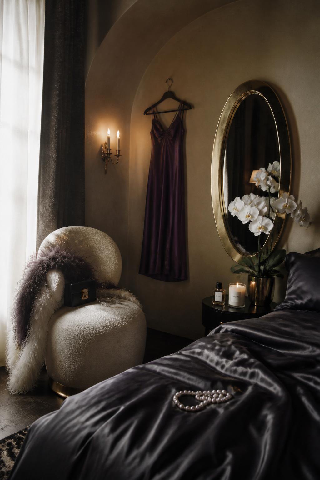 Editorial bedroom interior with sculptural pendant light